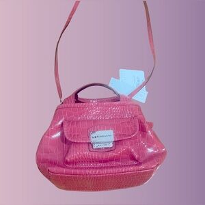 Liz Claiborne Pink crocodile embossed leather shoulder bag with silver hardware.
